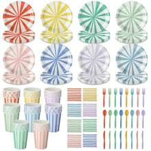 D288 Pcs Pastel Striped Party Plies Include 9 Inch Stripe Paper Plate Cups Paper Napkins Colorful Disposable Tableware Striped Pastel Rainbow Dinnerware Set For Baby Shower Birthday Wedding - 粉彩 - 查看 1