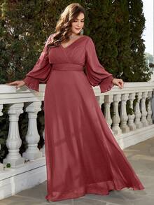 UNITHORSE Deep V-Neck Long Sleeve Pleated Chiffon Dress - Redwood - View 6