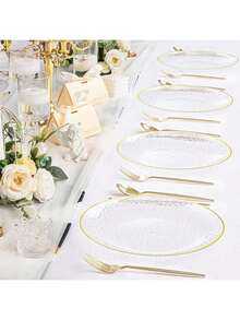 2件套玻璃透明金边餐盘，西式餐盘，派对餐盘，意面盘，大号10.25英寸/小号7.5英寸，可重复使用，蓝色金边，透明蓝色巴洛克风格餐盘，饰有浮雕金边，适用于派对、宴会、婚礼、新年、情人节等场合，优质餐盘套装 - 彩色 - 查看 4