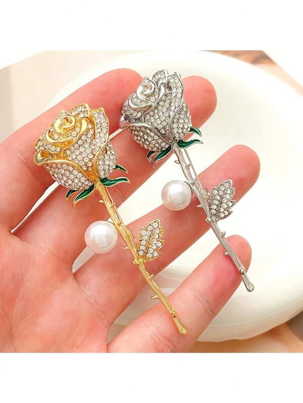 Elegant Rose Brooch With Sparkling Rhinestones And Faux Pearls - Women's Fashion Geometric Metal Pin, Suitable For Parties And Gifts