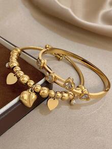 18K Gold Plated Stainless Steel Luxury Elegant Heart & Diamond Accent Bangle Bracelet Set For Women, Sweet Romantic Jewelry Mom Gift Christmas Thanksgiving Halloween Wedding Rave/Prom/Party/Daily Accessories Gift For Anniversary Valentine's Day Boho Jewelry Birthday Bridesmaid Gifts