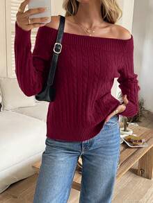 女士秋季露肩毛衣休闲长袖适合生日装、圣诞装和日常穿着 - 酒紅色 - 查看 7