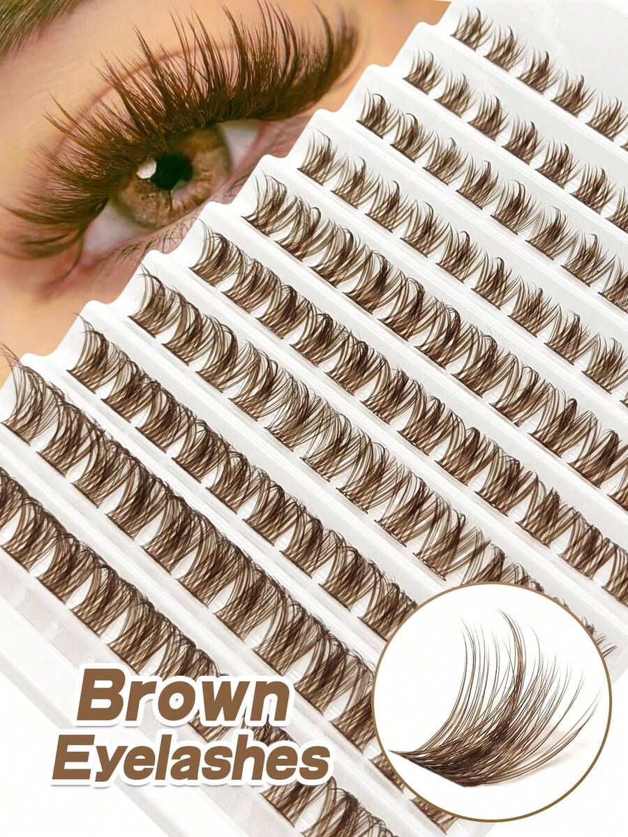 Rikuaild 120pcs D-Curl Brown Cartoon Eyelash Clusters, Lightweight Fluffy Brown Eyelash Clusters, Single Lash Natural Soft Fan-Shaped Eyelash DIY Colored Eyelashes - D - 查看 1