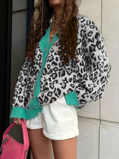 Ladies 2025 Autumn And Winter New Casual Fashion Contrast Leopard Button Ribbed Women's Cardigan