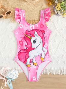 小女孩可爱卡通图案荷叶边连体泳衣 - 珊瑚粉 - 查看 1
