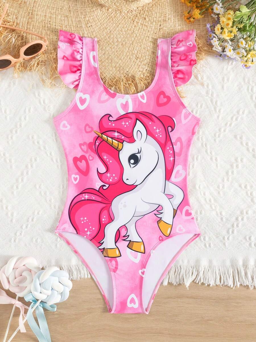 小女孩可爱卡通图案荷叶边连体泳衣 - 珊瑚粉 - 查看 1