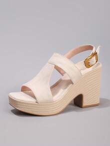 女士厚底坡跟高跟露趾凉鞋，优雅防水粗跟休闲拖鞋，日常时尚绒面杏色鞋 - 杏色 - 查看 12