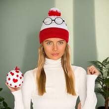 暖红色和白色“威利在哪里？”针织帽和无镜片眼镜框角色扮演游戏，节日派对礼物，冬季男女情人节帽子圣诞节 - 彩色 - 查看 3