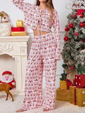 2pcs Women Casual Merry Christmas & New Year Graphic Knit Drawstring Long Sleeve Top And Pants Loungewear Pajama Set, Suitable For Home Use, Autumn/All Season, Winter Clothes