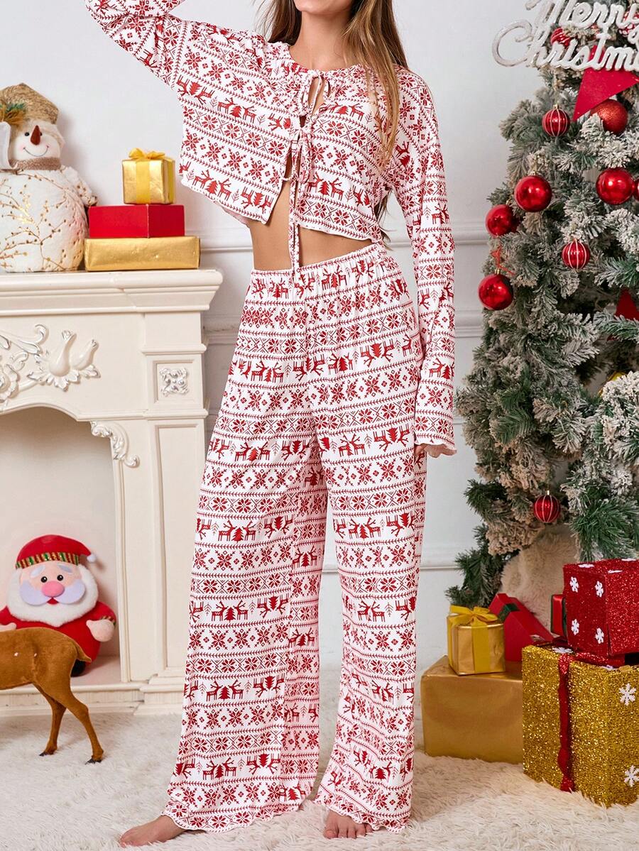 2 piezas Conjunto de pijama de mujer casual con gráfico de Feliz Navidad y Año Nuevo, de punto con cordón, de manga larga y pantalones, adecuado para uso en casa, otoño/todo el año, ropa de invierno - Rojo - Ver 1