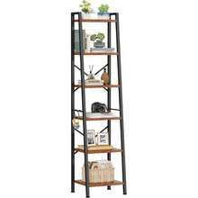 6 Tier Ladder Shelf Bookcase, Tall Ladder Bookshelf Narrow With 2 Hooks, Industrial Metal Wooden Shelf Free Standing, Skinny Bathroom Shelves For Bedroom Living Room Kitchen, Rustic Brown,23776188 - 黑色 - 查看 1