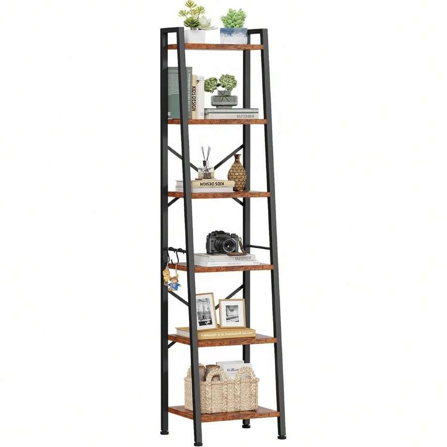 6 Tier Ladder Shelf Bookcase, Tall Ladder Bookshelf Narrow With 2 Hooks, Industrial Metal Wooden Shelf Free Standing, Skinny Bathroom Shelves For Bedroom Living Room Kitchen, Rustic Brown,23776188 - 黑色 - 查看 1
