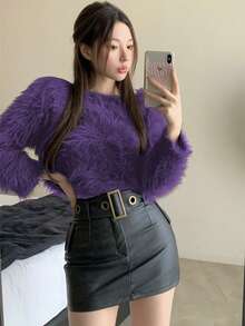 柔软舒适的紫色露肩套头毛衣，宽松针织长袖上衣，秋冬 - 紫色 - 查看 6