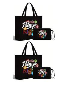 Bingo Night Women's Tote Bag And Wallet Set, Fabric Structure, Hand Washable, Unclosed, Lined, Casual Shoulder Back, Vacation Style Letter Design Tote Bags