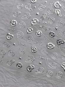 Beautizon Nailartlab 1pc 3D Silver Nail Art Sticker Decals, Rhinestone Melting Smiling Face Nail Stickers, Halloween Nail Decals Transfers