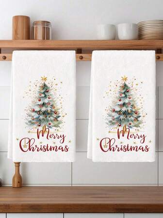 2 件水彩圣诞树印花厨房毛巾，圣诞图案涤纶手巾，超柔软编织洗碗布，可机洗，非常适合餐厅、厨房、圣诞节装饰和送礼