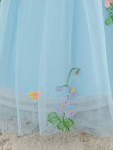 Baby Girls V-Neck 3D Floral Embroidered Mesh Princess Dress, Suitable For Birthday Party, Flower Girl, Wedding, Without Headband