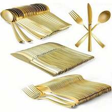 150 قطعة/مجموعة أدوات مائدة معدنية مطلية بالذهب قابلة لإعادة الاستخدام - شوك وملاعق وسكاكين للكيك والسلطة والطعام الغربي والمعكرونة وتحريك القهوة - مثالية للحفلات والأحداث الخارجية وتجمعات العائلة والأعراس وأعياد الميلاد والمناسبات - متينة وسهلة التنظيف - الذهبي - مشاهدة 1