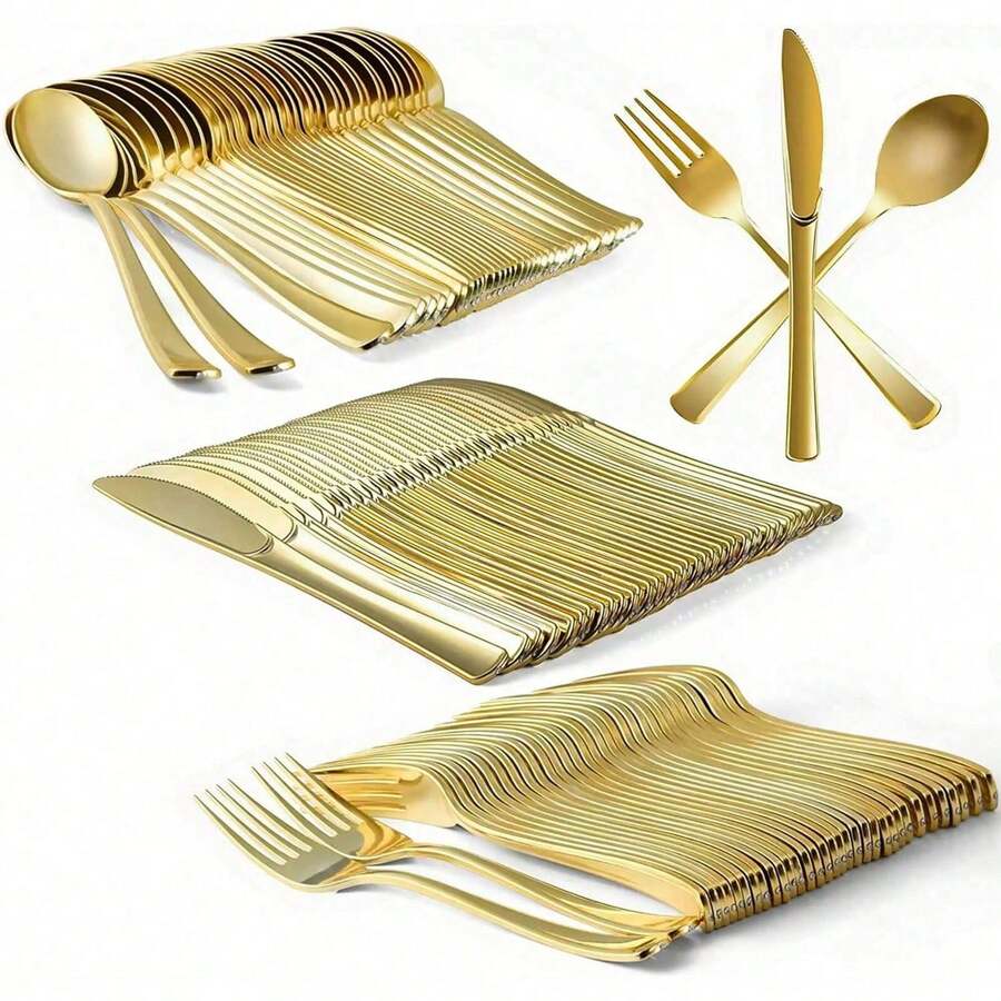 150 قطعة/مجموعة أدوات مائدة معدنية مطلية بالذهب قابلة لإعادة الاستخدام - شوك وملاعق وسكاكين للكيك والسلطة والطعام الغربي والمعكرونة وتحريك القهوة - مثالية للحفلات والأحداث الخارجية وتجمعات العائلة والأعراس وأعياد الميلاد والمناسبات - متينة وسهلة التنظيف - الذهبي - مشاهدة 1