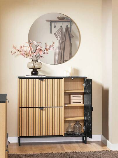 SoBuy Narrow Shoe Cabinet, Space-Saving Shoe Rack With Flaps For Hallway & Dresser, Modern Design, For 8-12 Pairs Of Shoes, Up To 30 Kg, Black/Light Wood, FSR202-N