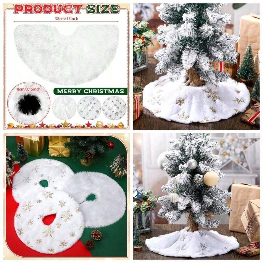 3 Pack 15 Inches Tree Skirt White With Silver Snowflake Tree Faux Fur Plush Sequin Fluffy Xmas Skirt Holiday Party Indoor Outdoor Home Decoration