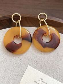 1 Pair Retro Exaggerated Metal Round Acrylic Resin Pendant Earrings, European And American Style For Women And Girls, Suitable For Travel, Wedding, Party, Birthday Gift, Fashion Jewelry