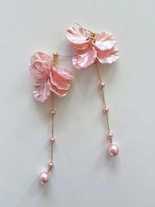 1 Pair Korean Ethereal Floral Petal Pearl Tassel Earrings, Elegant Girlish Cute Earrings - 粉紅色的 - 查看 3