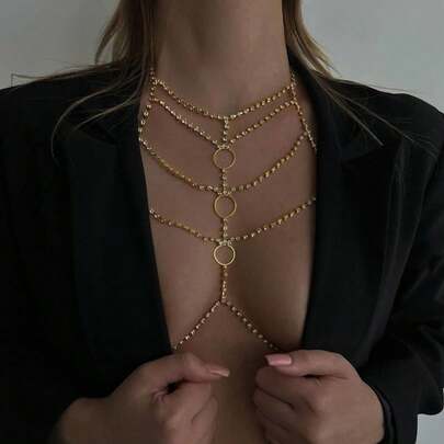 Lanț de corp cu cristale aurii pentru femei, ornament de piept multistrat în stil sexy pentru scenă de dansatoare, cu inel, accesoriu pentru petrecere în club de noapte