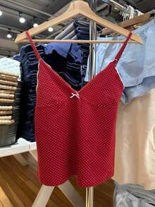 阳光少女风夏季情人节女装Y2K返校季休闲海滩度假性感波点印花V领蝴蝶结装饰针织红色上衣