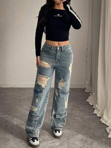 Jeans con strappi di design di alta moda, pantaloni jeans con effetto vissuto, di stile retrò, adatti a ragazze