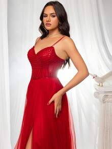VIPGIRL Women's High-End Luxury Embroidered Slit Strap Formal Dress, Elegant Party Gown - Red - View 6