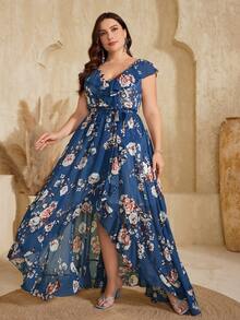 UNITHORSE Non-Positioning Flower V-Neck Ruffle Collar Detachable Tie Asymmetrical Ruffle Hem Printed Bridesmaid Dress - Teal Blue - View 3