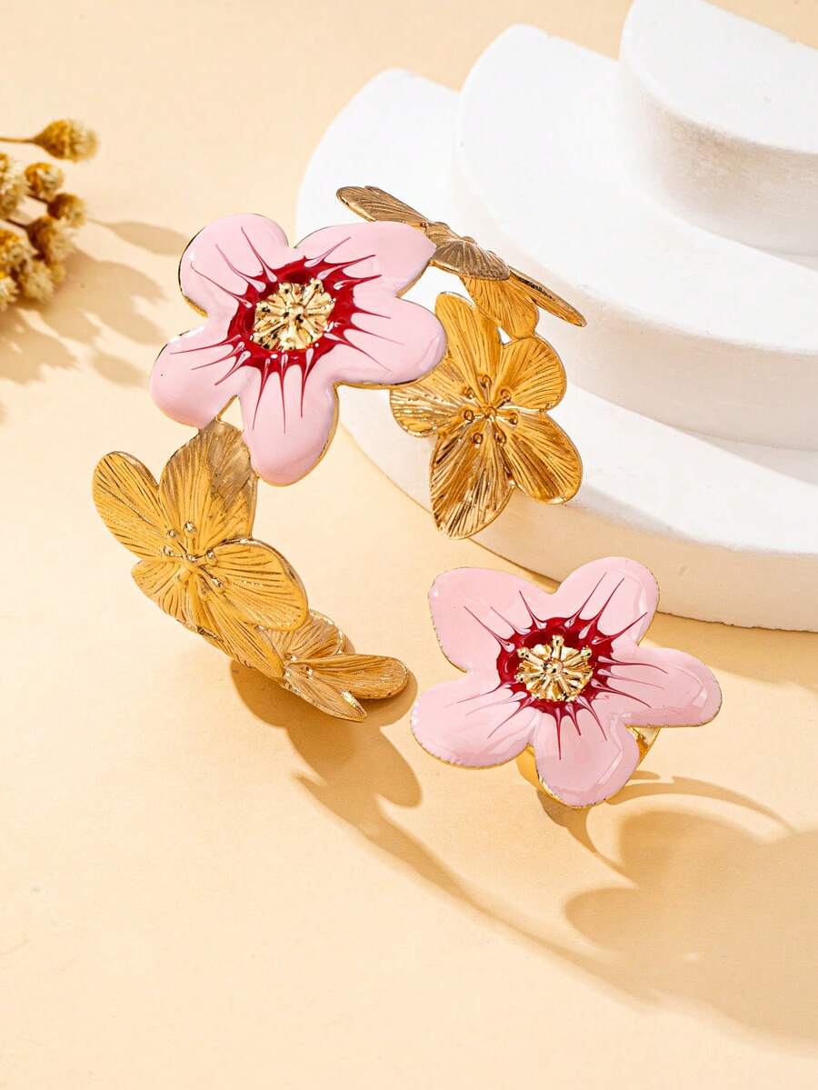 2 件套女士首饰套装，可调节彩色花朵手镯和戒指波西米亚风格，适合日常佩戴 - 粉色 - 查看 1