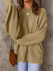 Women's Casual Crew Neck Pullover Solid Color Drop Shoulder Patch Pocket Sweater - Khaki - View 4