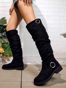 New Women's Suede Knee-High Boots For Autumn And Winter, Featuring A Ring Buckle And Ruched Design, With Chunky Heels, Suitable For Daily Outings And Party Outfits. - 黑色 - 查看 5
