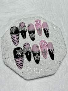 10片装 Y2K 坏女孩辣妹黑粉色长款法式按压美甲 Jirai Nail 3D 蝴蝶结星星十字爱心斑马纹可爱假指甲美甲用品（1张果冻贴纸+1个指甲锉）手工按压美甲 - 粉色 - 查看 10