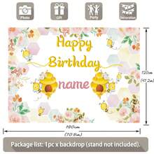 Phông nền sinh nhật chủ đề ong, có thể tùy chỉnh tên, thiết kế tổ ong hoa hồng hoạt hình hình con ong đang tìm kiếm thức ăn, thích hợp cho sinh nhật, tiệc mừng em bé, quà tặng và các bữa tiệc chủ đề ong khác, chất liệu vinyl. - Loại F - Xem 4