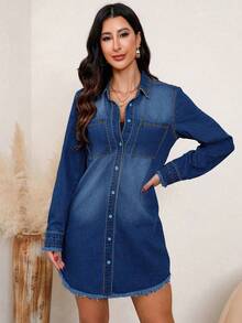女式秋季长袖单排扣口袋设计休闲牛仔衬衫裙 - 深色水洗藍 - 查看 4