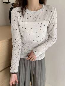 Pullover Polkadot Baru Musim Panas Lembut & Nyaman Pas Badan Minimalis Leher Bulat Gaya Korea Pelindung Matahari Lapisan Dasar Atasan Lengan Panjang Kasual Musim Semi Putih - Putih - View 4