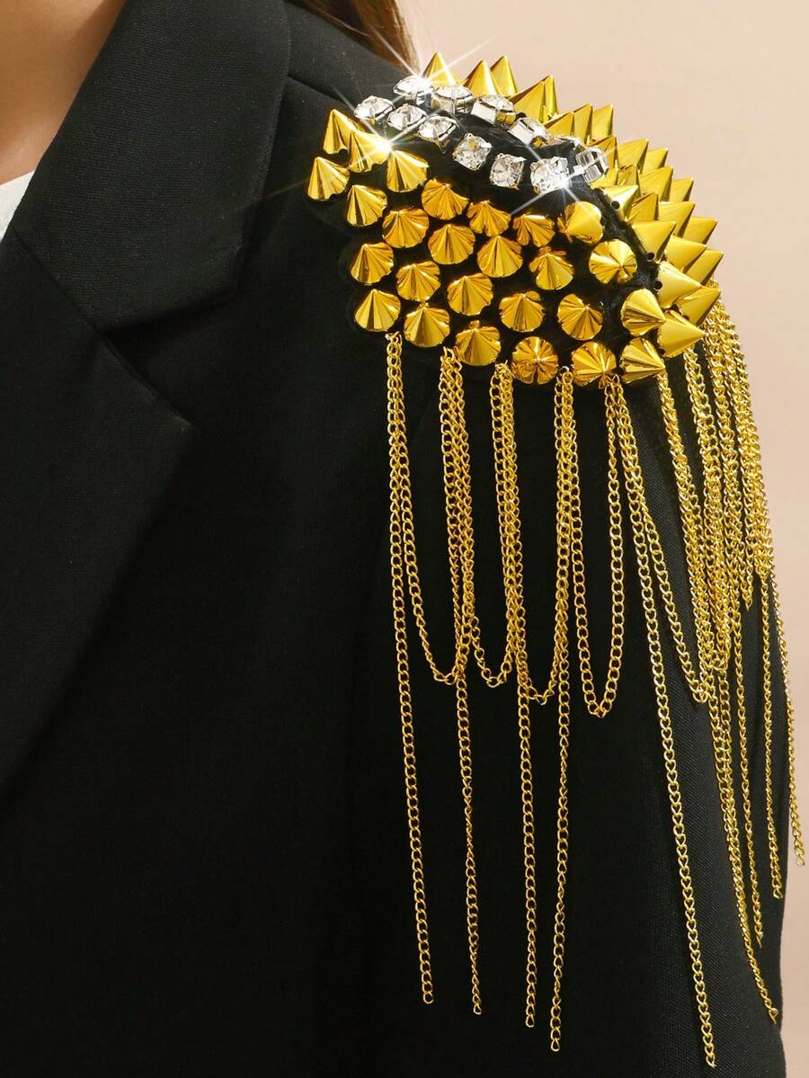 Fashionable Retro Gold Tassel Epaulet, Rhinestone Metal Rivet, Hip Hop Rock Bar Nightclub Singer Shoulder Strap, Unisex Suit Performance Accessory