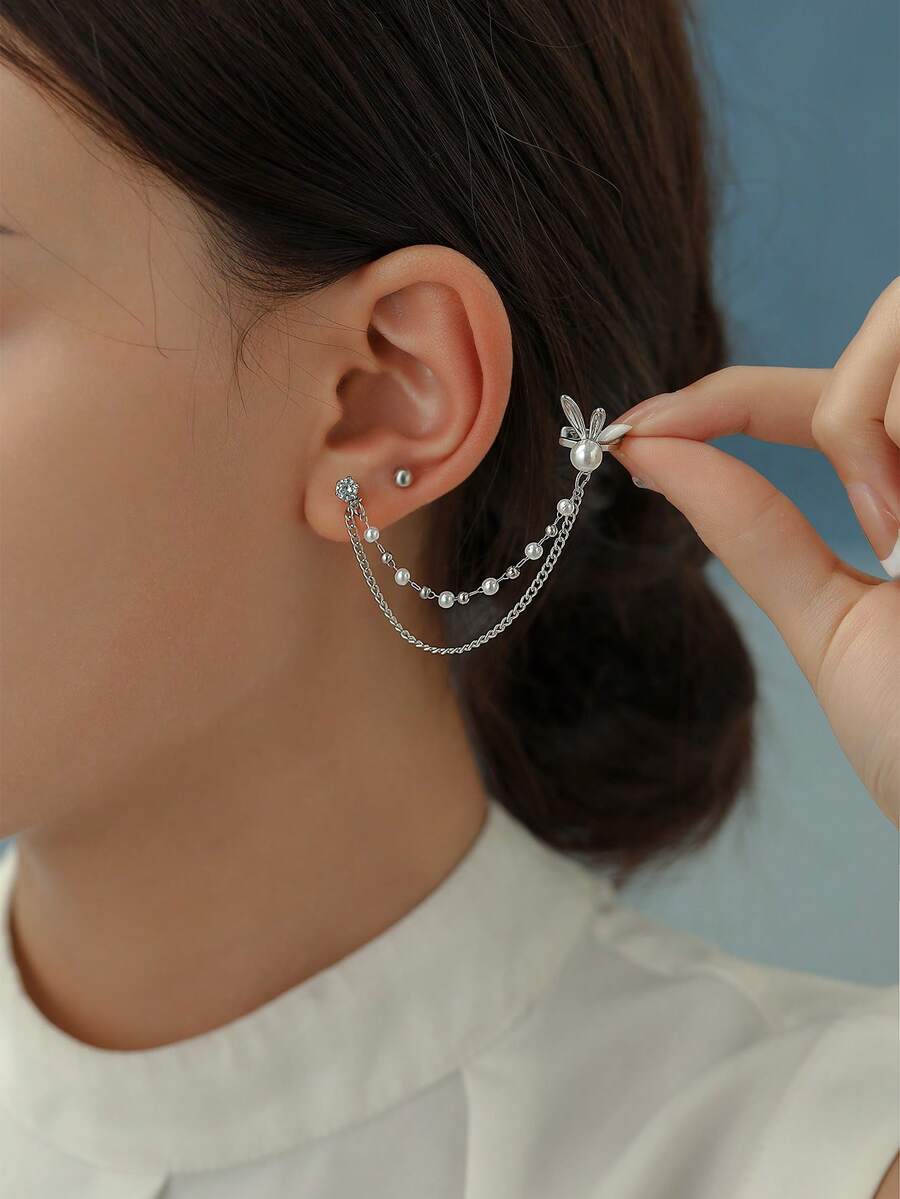 Tkool 可爱兔子仿珍珠耳骨夹和链条耳环套装（女士） - 銀色 - 查看 1