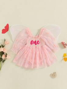Fairy 1st Birthday Girl Outfit Tie-Up Tull Romper Dress With Butterfly Wings Cake Smash Photo Shoot Clothes - 粉色 - 查看 1