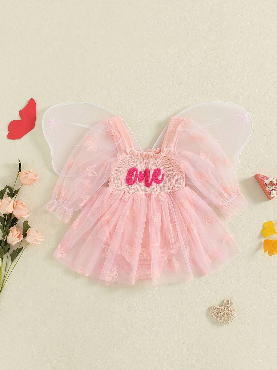 Fairy 1st Birthday Girl Outfit Tie-Up Tull Romper Dress With Butterfly Wings Cake Smash Photo Shoot Clothes - 粉色 - 查看 1