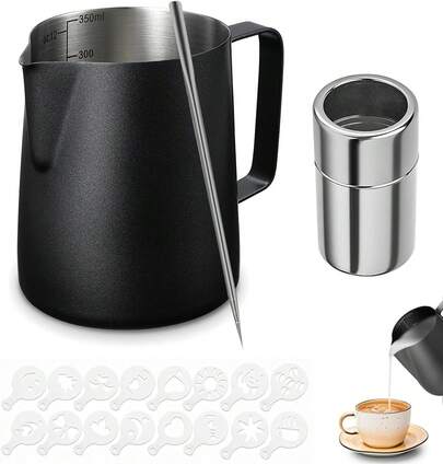 ¡Recomendado350ml/12oz Jarra de Espumar Leche de acero inoxidable, Jarra para Espumar Leche, Taza de jarra de vapor exprés, 16 moldes y coctelera de polvo de acero, Latte Art Pen/Barista Pen (Negro)¡Top de Temporada