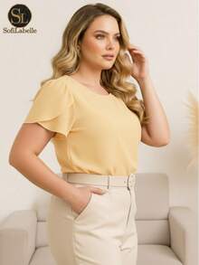 Women's Plus Size Blouse, Short Sleeve, Elegant – Plain Duna Fabric, Social GG, G1, G2, G3, Summer, Work - 奶油黃 - 查看 3