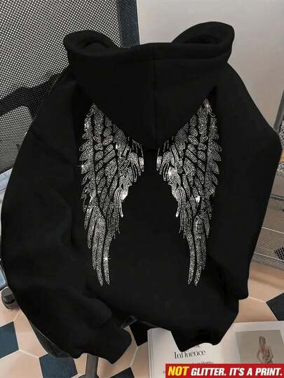 Sudadera hoodie dama mujer gorro capucha manga larga algodón bolsa canguro suave puños rib acanalados casual aesthetic casa diario frío moderna juvenil cómoda calientita estampado alas ángel