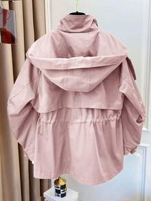1pc Solid Color Woven Fabric Drawstring Pocket Front Button Trench Coat, Casual Spring/Autumn Pink - Pink - View 2