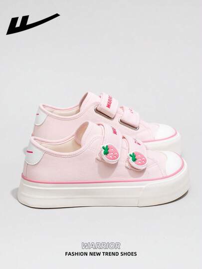 WARRIOR 1 Pair WARRIOR Women's Canvas Sneakers, Hook And Loop Closure, Fruit Pattern, Soft Sole, Casual Shoes, Low-Top, Outdoor Flat Shoes, Spring/Autumn, Round Toe, Low Heel, Solid Color, Elegant Soft Sole, Suitable For Students, Graduation Photos, Flat Shoes, Low-Top Leather Sports Skateboard Shoes