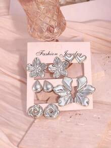 1/5 Paar modische, leichte ABS-Kunststoff-Ohrringe/Ohrstecker mit glatten 5-Blüten-Blumen, Blättern, Tropfen, kreisförmigen Elementen und Herzformen, geeignet für den täglichen Gebrauch von Frauen, tolles Geschenk für Freunde und Familie (kostengünstiges Material) - Silber - Übersicht 7