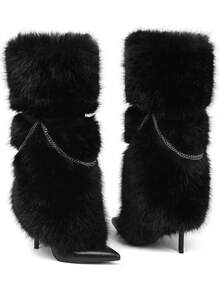 Women's Winter Furry Snow Boots Fuzzy Fluffy Knee High Pointed Toe High Heel Boots Outdoor Indoor Shoes Fashion Warm Fluffy Christmas Shoes For Women - 黑色 - 查看 5